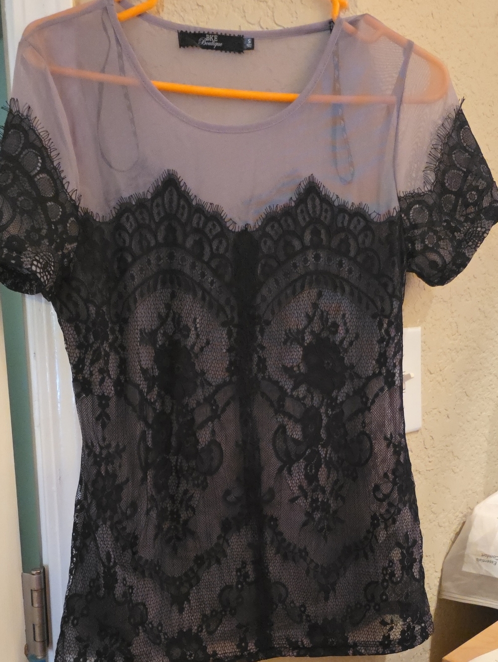 BKE Black Lace Overlay Sheer Short Sleeve Top
